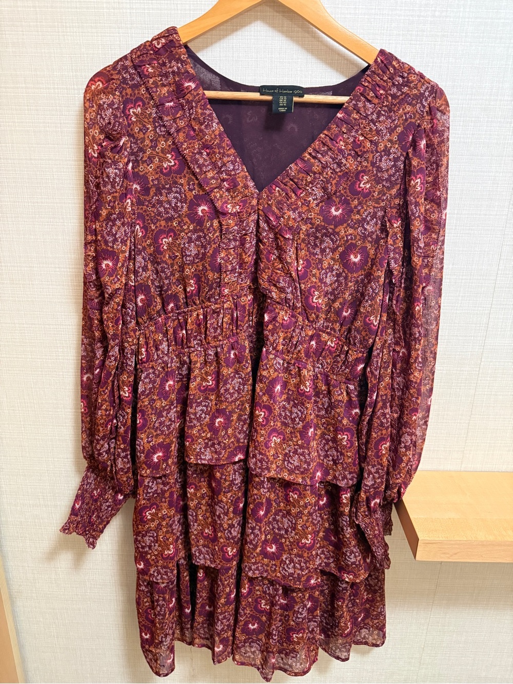 House of Harlow 1960 Floral Ruffle Mini Dress Boho Tiered Long Sleeve Size 12